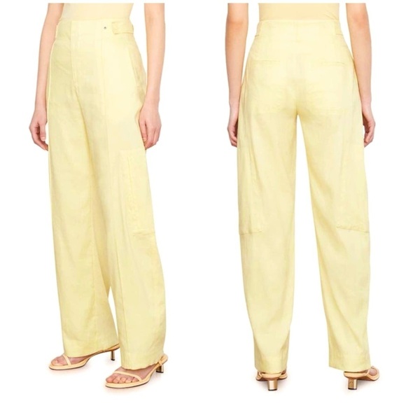 New Vince High Waist Tailored Utility Trouser Pants Pomelo Yellow Linen Sz 10 - Picture 2 of 16